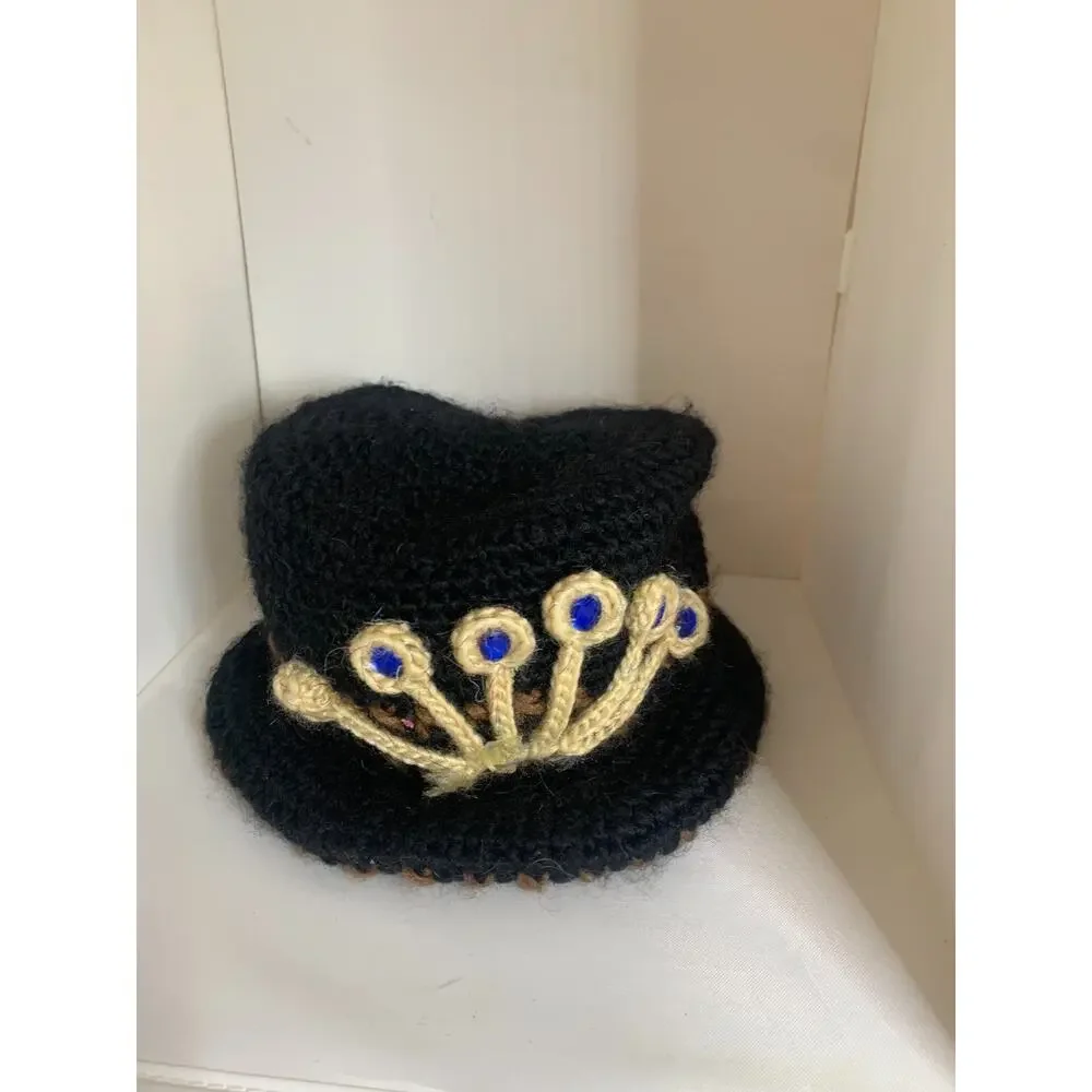 Jotaro Kujo Black Crochet Hat with Gold & Blue Embellishments